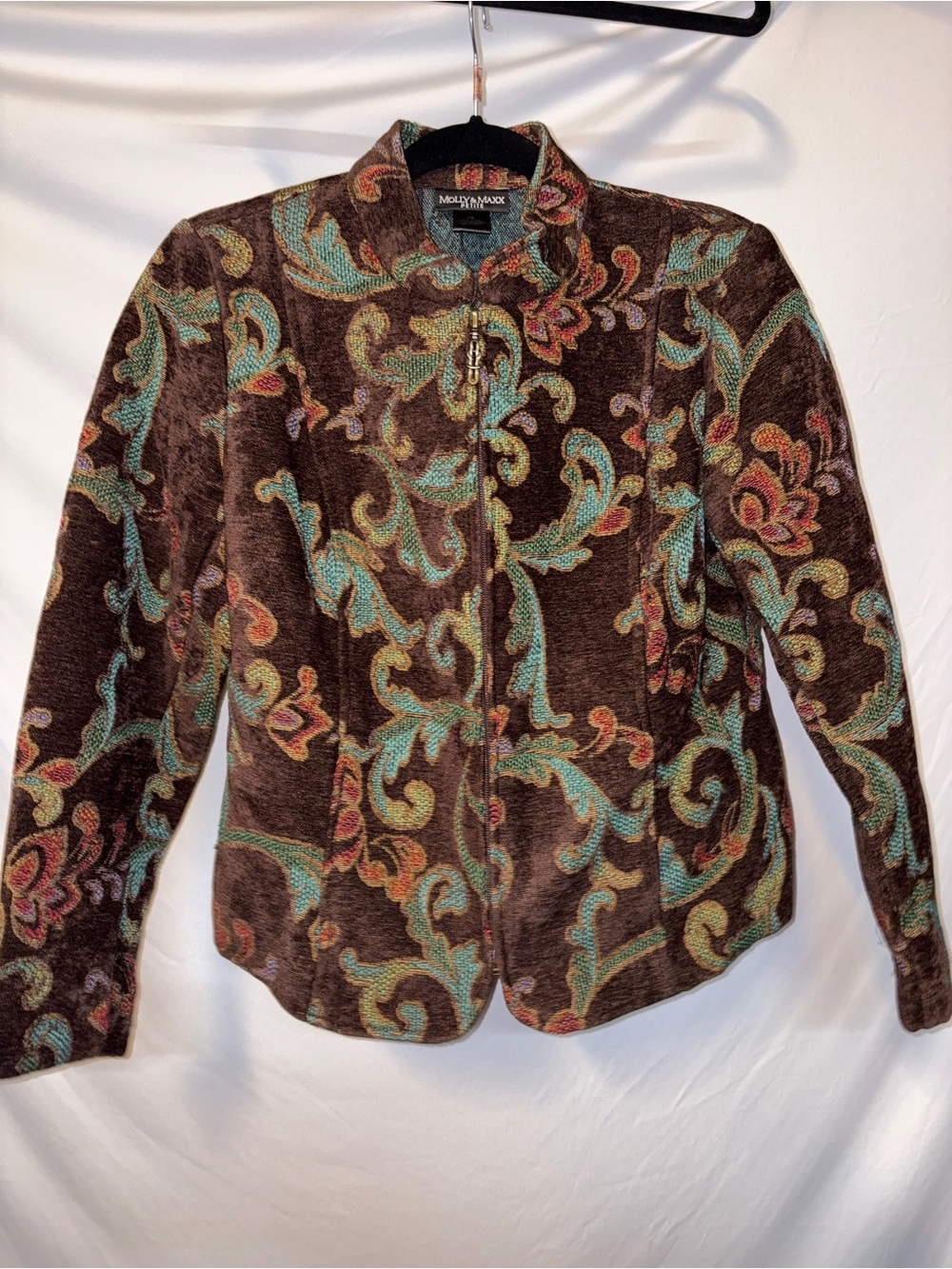 Molly & Maxx Petite Medium Brown Paisley Zip-Front Jacket